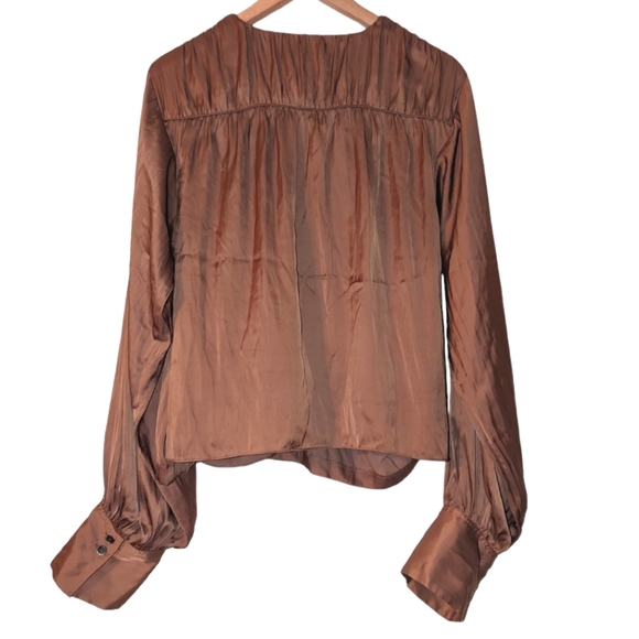 Frame Denim Satin Balloon Long Sleeve Wrap Front Blouson V-Neck Blouse Bronze XL - Picture 4 of 13